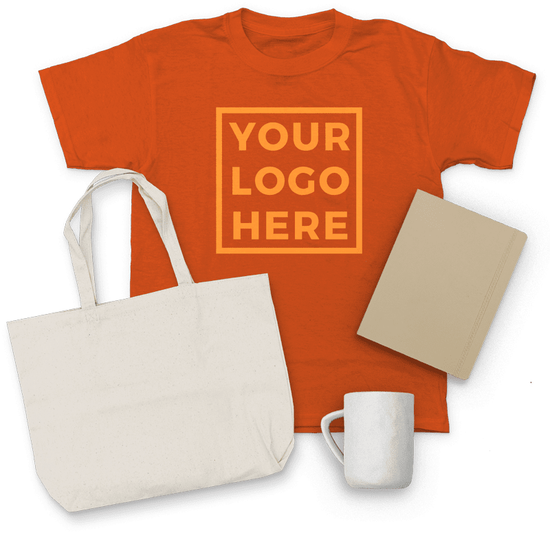 Orange t-shirt, notepad, mug and tote bag